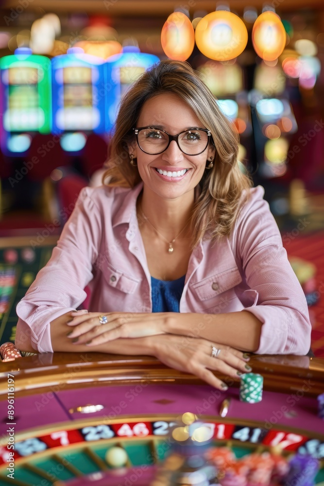 Happy Young Girl Enjoying Game at Casino Table Happy Young Girl Enjoying Game at Casino Table
