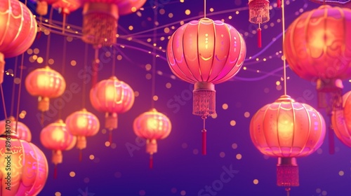 A Chinese paper lantern festival with 3D objects of lanterns and a night sky on a bright purple background a moment of celebration