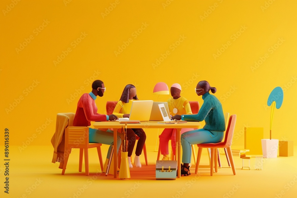 Fototapeta premium A group study session with students collaborating and paper cut laptops and notebooks on a bright yellow background a moment of teamwork