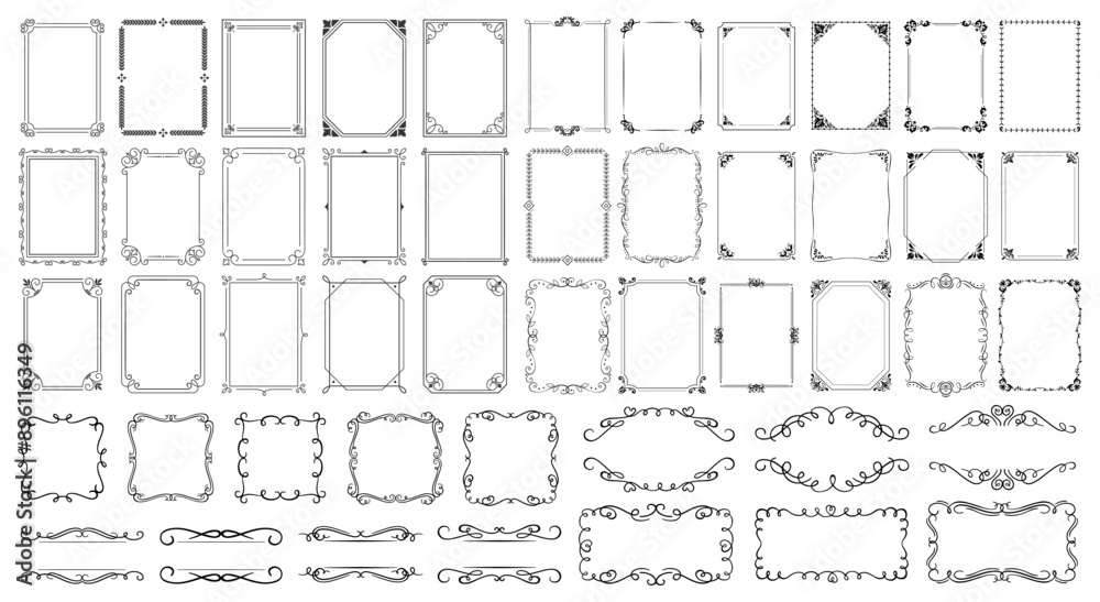 Vintage calligraphic frames. Ornate calligraphy frame, retro elegant ornamental borders, filigree floral ornaments for framed certificate template. Isolated vector decorative Victorian dividers set.