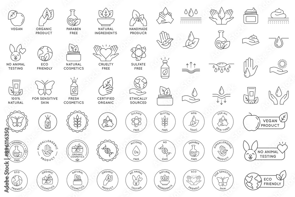 Eco cosmetics icon. Organic natural products alcohol, fragrance, chemical, and silicone free line icons for packaging. Round stamps and badges vector set. Eco cosmetics icon. Organic natural products alcohol, fragrance, chemical, and silicone free line icons for packaging. Round stamps and badges vector set.