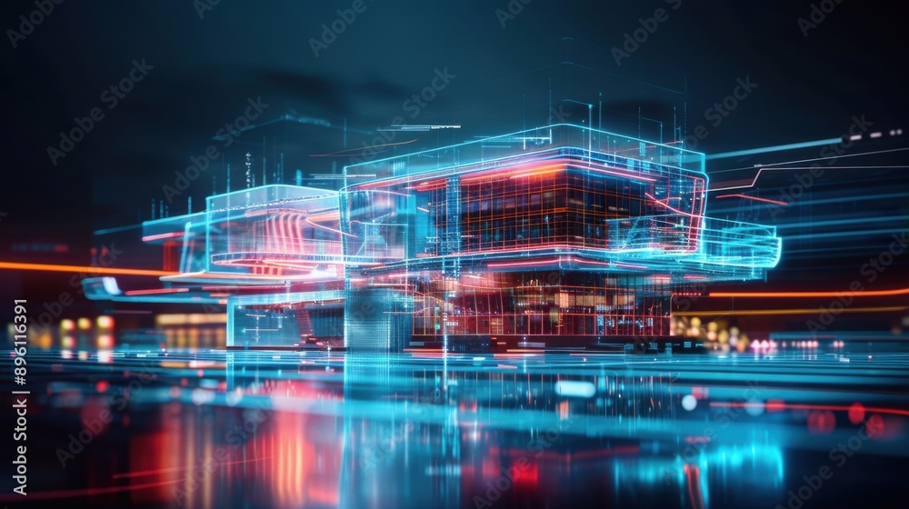 Fototapeta premium A futuristic building with a blue and red design