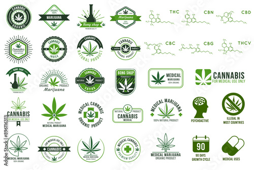 Medical cannabis emblems, marijuana leaf labels, hashish manufacturing logo vector premium templates green cannabis big set.