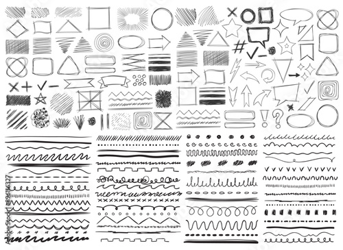 Hand drawn lines. Black crayon charcoal underlines, geometric shapes. Doodle lines with grunge pastel pencil texture. Handwritten chalk scribbles rough strokes. Sketchy brushes isolated vector set.