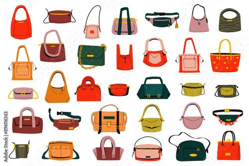 Women handbags. Fashionable leather bag isolated cartoon vector set. Bags and luxury clutch with zippers and pockets, handles. Casual lady stylish and elegance accessory big collection.
