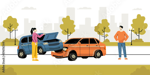 Road traffic accident. Upset drivers standing near crashed cars. Car crash on road. Vehicle is broken in city. Smashed auto on highway. Collision of vehicles, wreck. Automobile damaged vector concept.