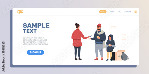 Charity for homeless landing. Charity for poor people web page template with volunteer giving money and food to poor persons. Vector illustration. Begging character outdoor, poverty concept.