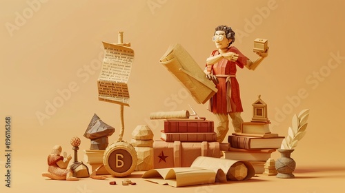 A history teacher showing artifacts with paper cut ancient relics and scrolls on a light brown background a moment of discovery