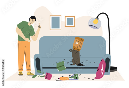 Dog bad behavior. Muddy naughty dog sits on dirty sofa in front of upset owner. Damaged house interior and home plants. Pets behavior problems and disobedient animal training vector concept.