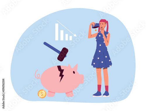 Financial crisis concept. Broken piggy bank and declining chart, loss of money vector concept, bankruptcy, onset of poverty, budget recession, market fall . Bad economy and lower investment costs
