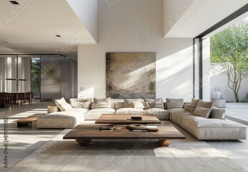 Contemporary living room interior with white walls, tiled floor, beige sofa and wooden coffee table. photo