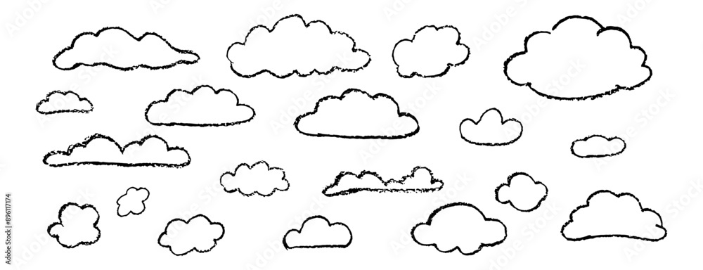 Set of crayon abstract clouds. Hand drawn cartoon overcast sky. Vector illustration of collection of black eddy on white background. Imitation of children drawing with pencils contour design element.