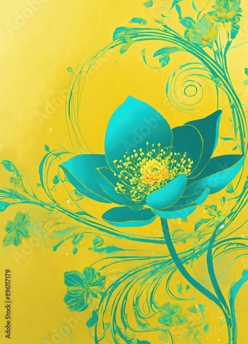 bright yellow with turquoise neurotechnology swirls in lotus flowers peonies