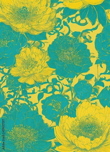 bright yellow with turquoise neurotechnology swirls in lotus flowers peonies