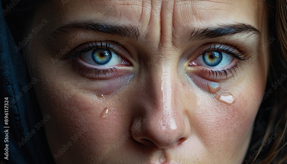 Fototapeta premium A woman crying with blue eyes and tear streaks on her face.
