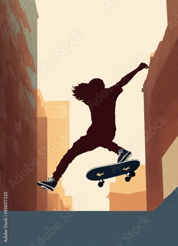 A minimalistic graphic design of a skateboarder