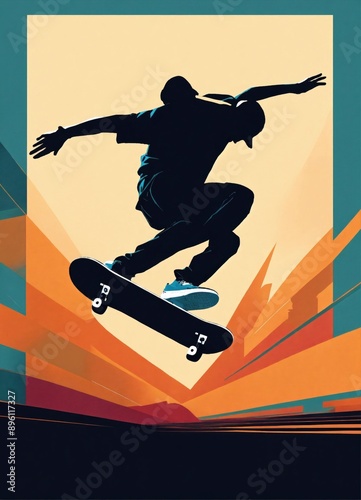A minimalistic graphic design of a skateboarder