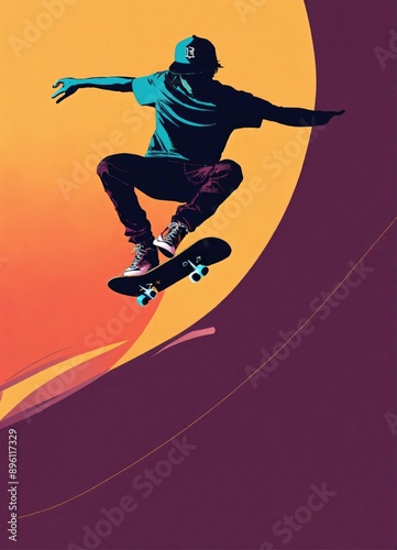 A minimalistic graphic design of a skateboarder