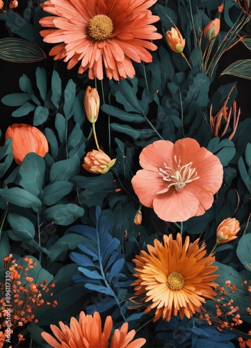 Abstract botanical illustration with pink and yellow flowers