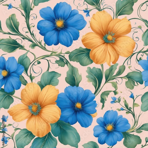 diagonal scrolly pattern with blue and yellow flowers