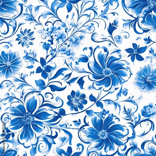 diagonal scrolly pattern with blue and white flowers