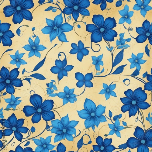 diagonal scrolly pattern with blue flowers