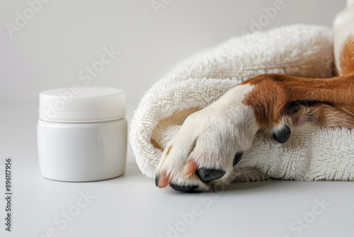 A close-up of a dog's paw on a beige background, emphasizing paw care and protection photo