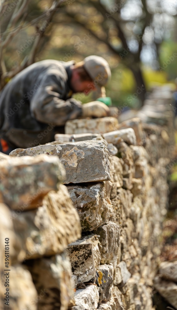 Close-Up of Builders Constructing a Stone Wall in a Park Showing Detailed Work and Craftsmanship Close-Up of Builders Constructing a Stone Wall in a Park Showing Detailed Work and Craftsmanship