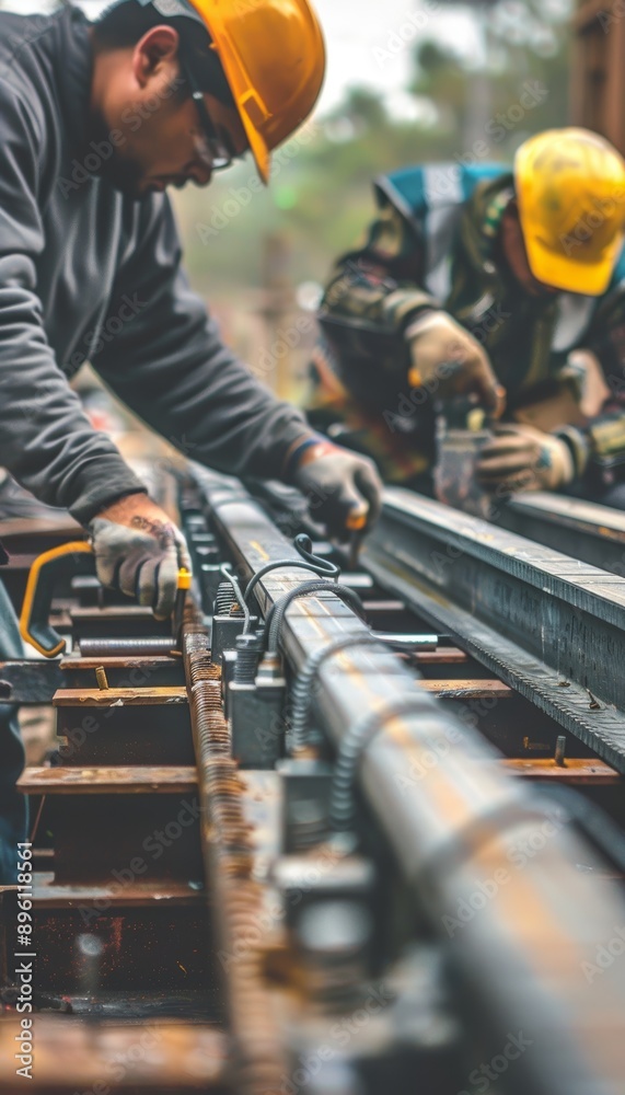 Innovative Builders Assembling Metal Beams with Advanced Tools in Commercial Construction Project Innovative Builders Assembling Metal Beams with Advanced Tools in Commercial Construction Project
