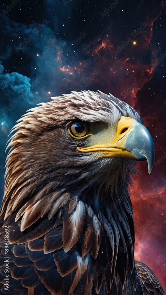 Fototapeta premium galaxies, spirals, space, nebulae, stars, smoke, iridescent, intricate detail, in the shape of an bald eagle