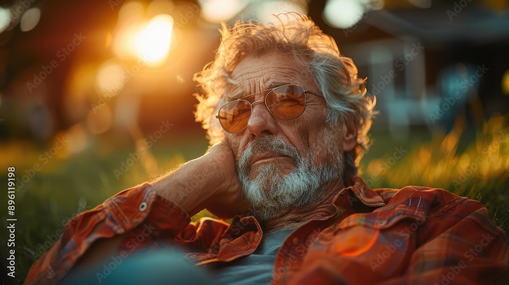 An elderly individual reclining on grass, enjoying a serene moment during sunset. The image emphasizes tranquility, relaxation, and the beauty of nature in the golden hour. An elderly individual reclining on grass, enjoying a serene moment during sunset. The image emphasizes tranquility, relaxation, and the beauty of nature in the golden hour.