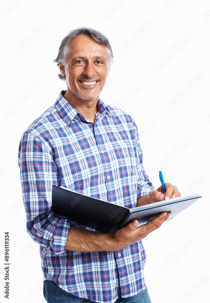 Portrait, business and man with documents, smile and employee isolated on white studio background. Face, person and construction developer with file for proposal, startup and paperwork for schedule Portrait, business and man with documents, smile and employee isolated on white studio background. Face, person and construction developer with file for proposal, startup and paperwork for schedule