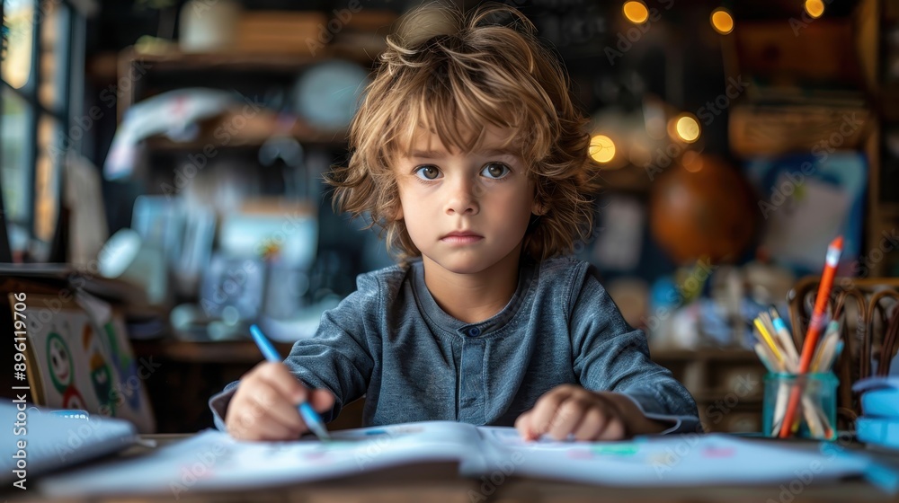 A young child shows intense focus while drawing at a cluttered desk filled with various stationery, representing creativity, concentration, and childhood focus. A young child shows intense focus while drawing at a cluttered desk filled with various stationery, representing creativity, concentration, and childhood focus.