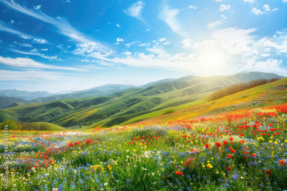 Rolling hills covered in wildflowers under a bright, sunny sky Rolling hills covered in wildflowers under a bright, sunny sky