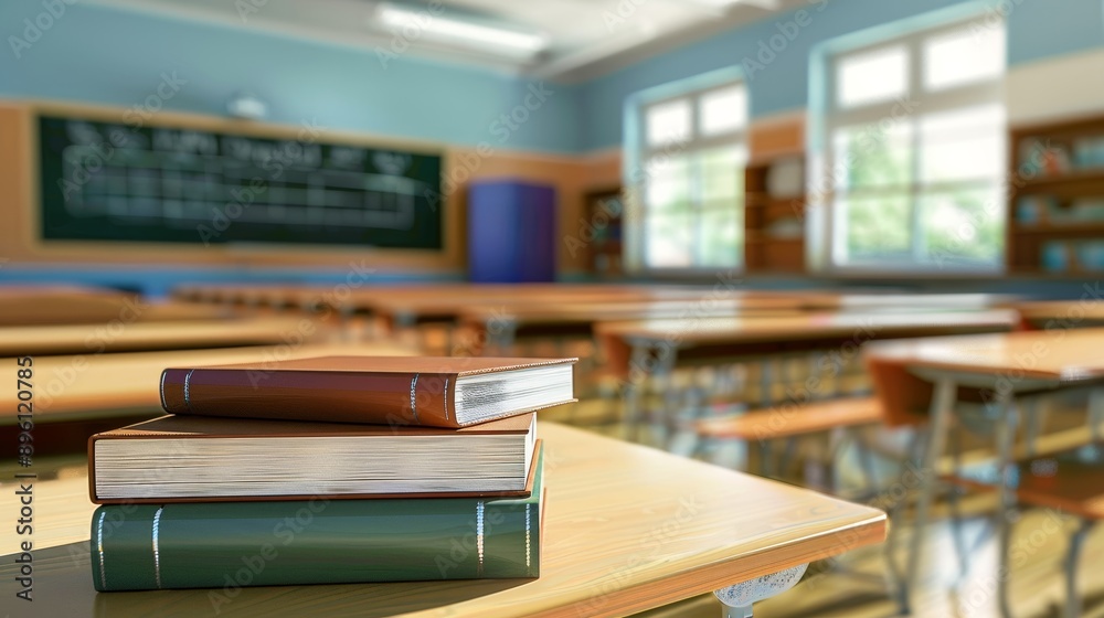 Education and Training Industry: Place several textbooks in the foreground, arranged in a neat stack. Education and Training Industry: Place several textbooks in the foreground, arranged in a neat stack.