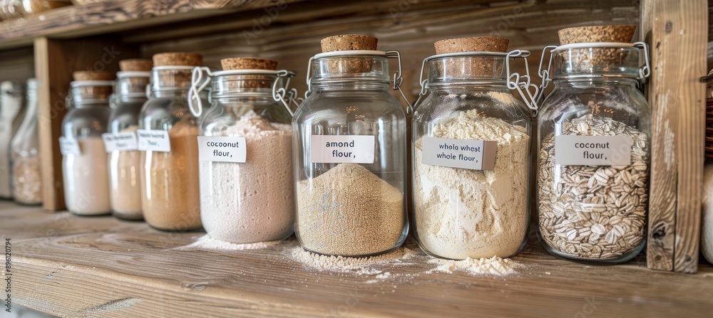 Variety of Flours in Labeled Glass Jars on Wooden Shelf for Kitchen Organization and Baking Variety of Flours in Labeled Glass Jars on Wooden Shelf for Kitchen Organization and Baking