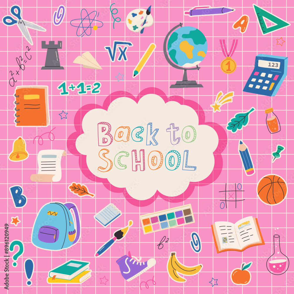Back to school poster. Hand drawn school supplies. Set of school stationery and education stickers. Design for flyers, advertisements, paper, textiles, fabric, scrapbooking, cards, paper crafts. Back to school poster. Hand drawn school supplies. Set of school stationery and education stickers. Design for flyers, advertisements, paper, textiles, fabric, scrapbooking, cards, paper crafts.