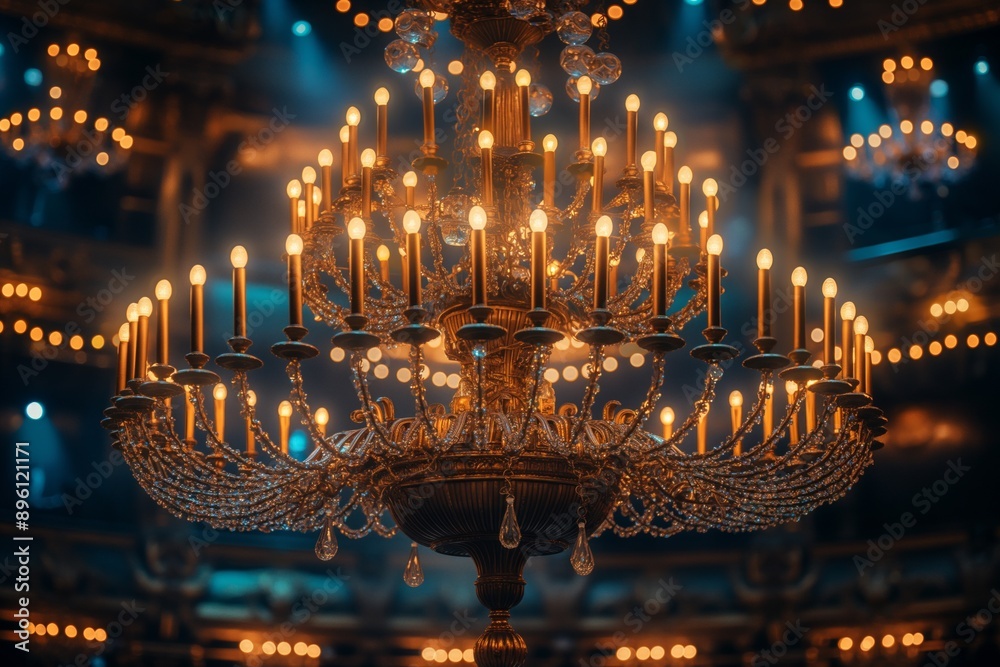 An opulent chandelier radiating warm light in a grand, elegant setting.