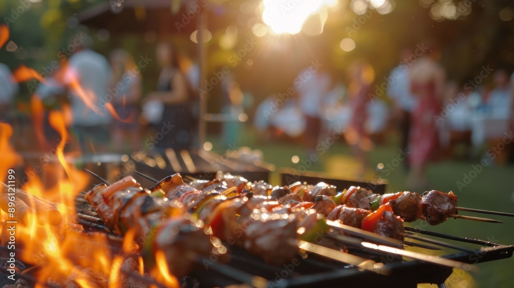 Grilled skewers cooking over a fire with a blurry background of people enjoying a sunny outdoor gathering Grilled skewers cooking over a fire with a blurry background of people enjoying a sunny outdoor gathering