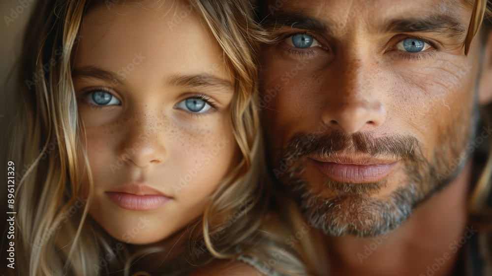 A touching portrait of a man and a young girl with captivating blue eyes sharing a close moment, their expressions conveying a deep bond and emotional connection in their serene gaze. A touching portrait of a man and a young girl with captivating blue eyes sharing a close moment, their expressions conveying a deep bond and emotional connection in their serene gaze.