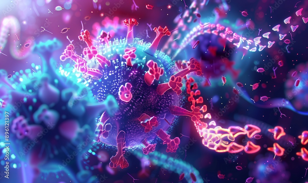 Un virus futuristico intrecciato con una rete neurale di batteri illuminati, rappresenta l'integrazione dell'intelligenza artificiale nella bioinformatica. Colori vibranti e dettagli complessi. Un virus futuristico intrecciato con una rete neurale di batteri illuminati, rappresenta l'integrazione dell'intelligenza artificiale nella bioinformatica. Colori vibranti e dettagli complessi.