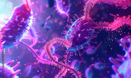 Un virus futuristico intrecciato con una rete neurale di batteri illuminati, rappresenta l'integrazione dell'intelligenza artificiale nella bioinformatica. Colori vibranti e dettagli complessi. photo