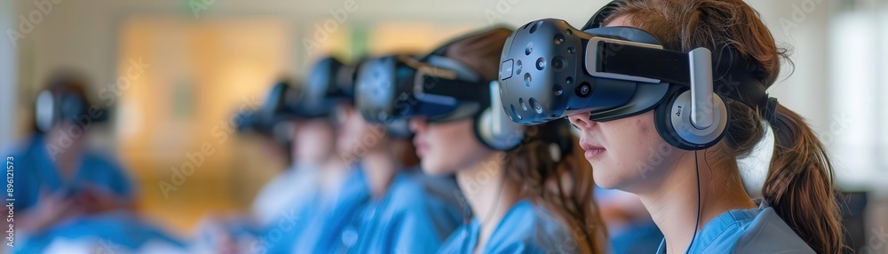 Student nurses using virtual reality for training, education, flowing colors Student nurses using virtual reality for training, education, flowing colors
