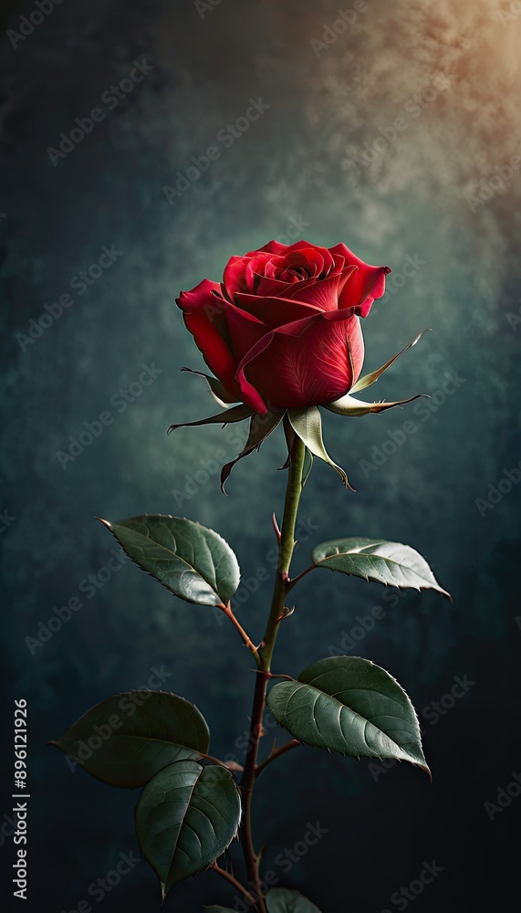 A close-up shot of a red rose in a dark background. A close-up shot of a red rose in a dark background.