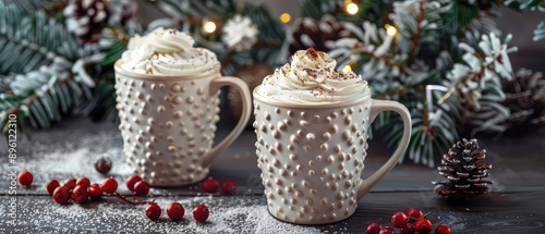 Ceramic white cup or mug with hot chocolate, coffee, tea with decorations on christmas background. Happy new year or Christmas mockup. Cozy wintertime leisure. Generative ai