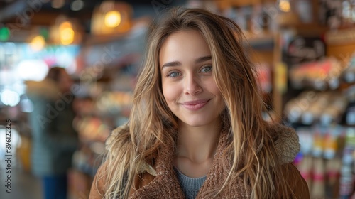 A happy woman wearing a warm jacket smiles inside a cozy coffee shop, encapsulating warmth, comfort, and contentment, as well as the joy of a relaxing environment.