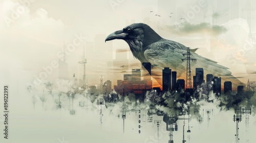 A crow flies over a city photo