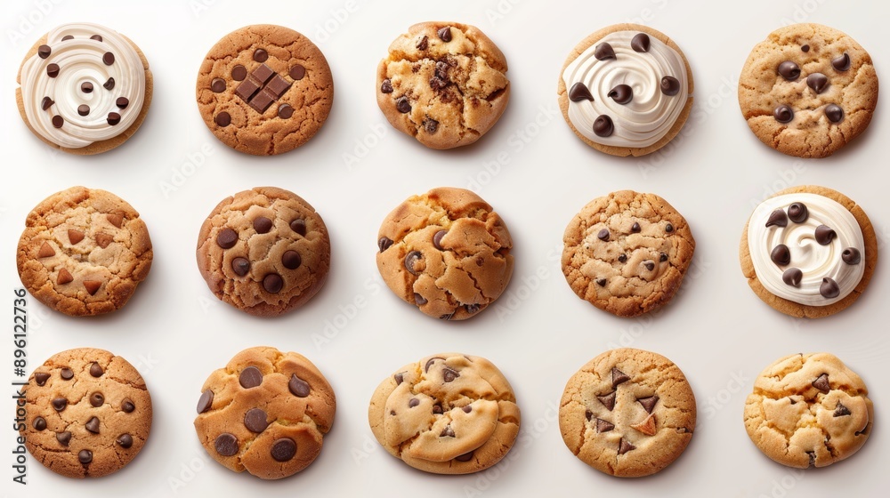 Assorted chocolate chip cookies arranged in rows on a white background, showcasing a variety of delicious homemade cookie designs. Assorted chocolate chip cookies arranged in rows on a white background, showcasing a variety of delicious homemade cookie designs.