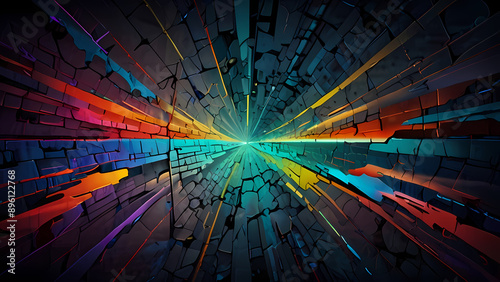 abstract illustration background featuring a complex network of cracks, reminiscent of shattered glass, with vibrant colors illuminating through the cracks