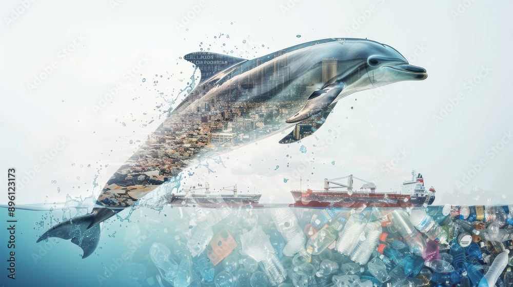 Obraz premium A dolphin jumps out of the water with a background of a large cargo ship and a lot of plastic trash floating in the ocean.
